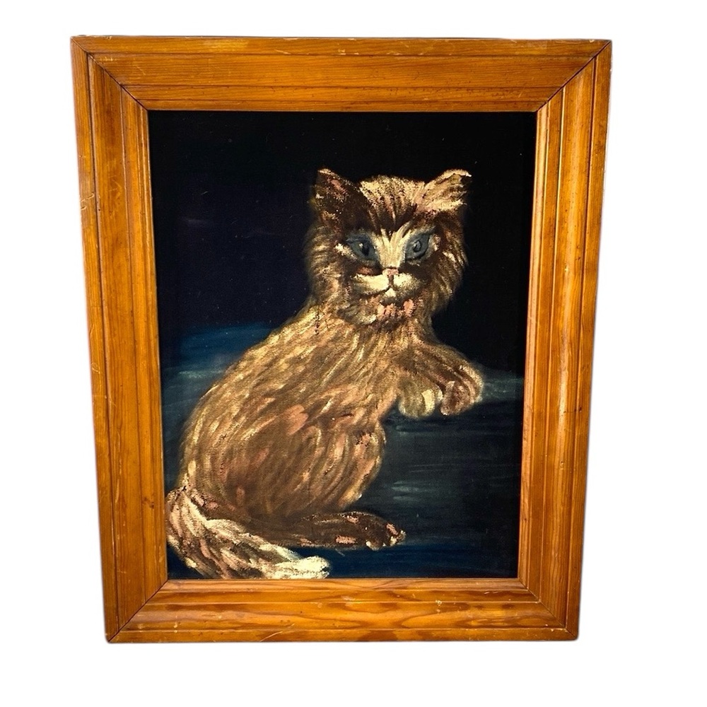 VTG Black Velvet Cat Painting Framed 17 X 21 Fluffy Long Hair Feline Portrait